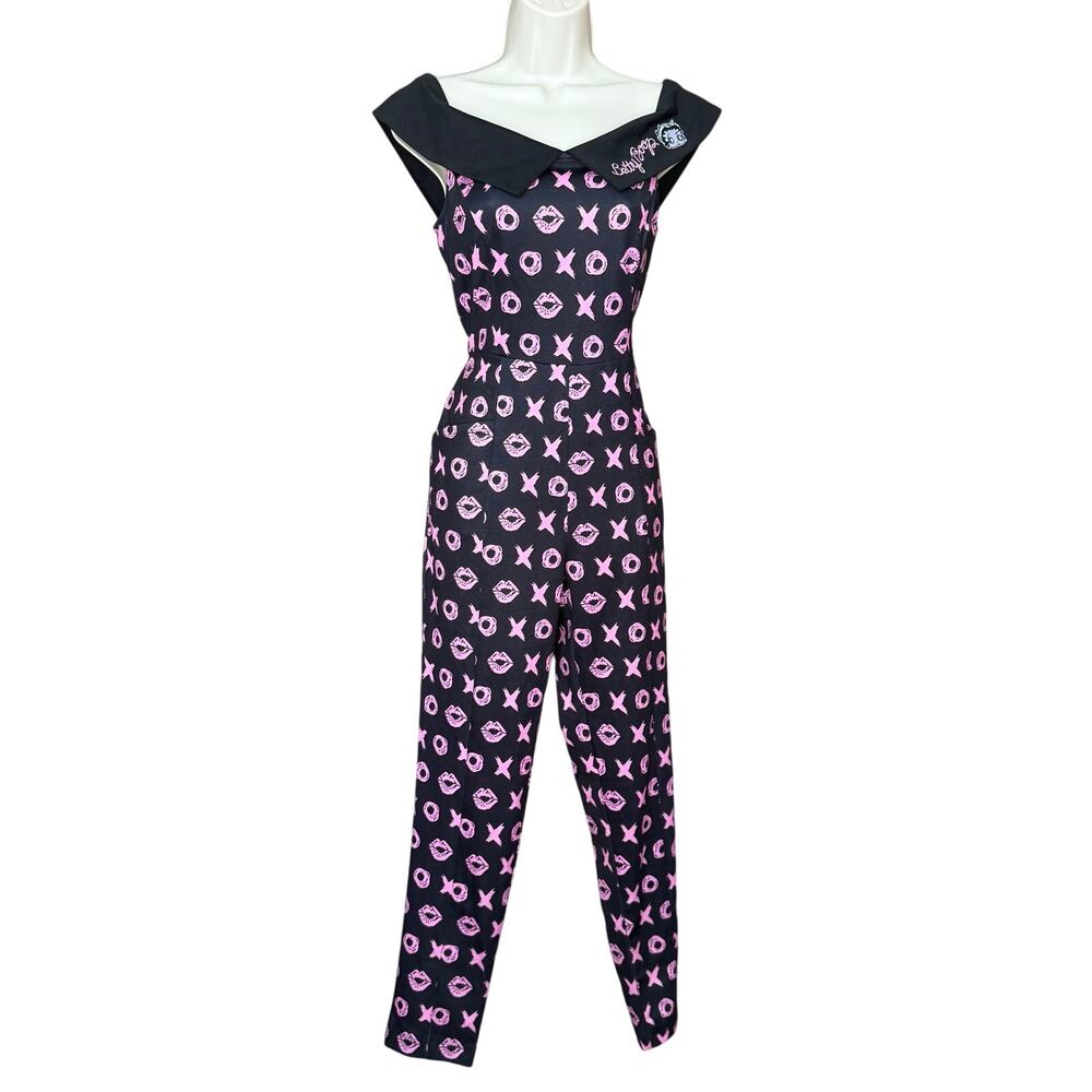 Rare Unique Vintage Betty Boop Black Pink XOXO Kisses Jumpsuit M NWOT